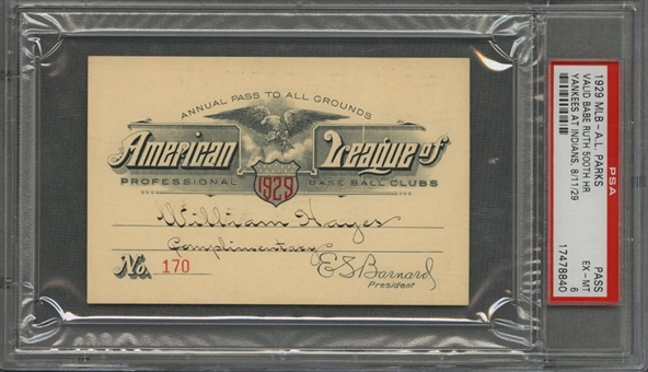 1929 American League Pass To All Parks - Valid Babe Ruth 500th Career Home Run On 8/11/29 (PSA/DNA EX-MT 6)